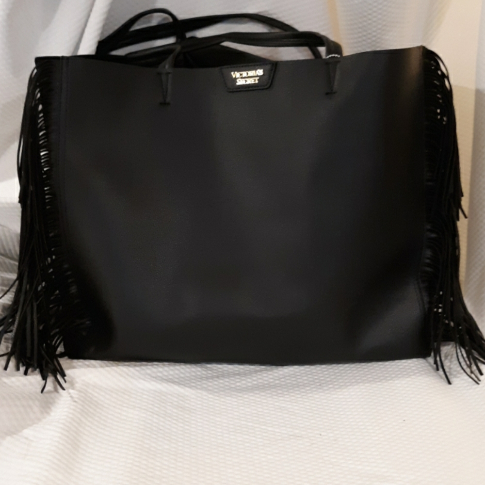 Victoria's Secret black fringed tote large
